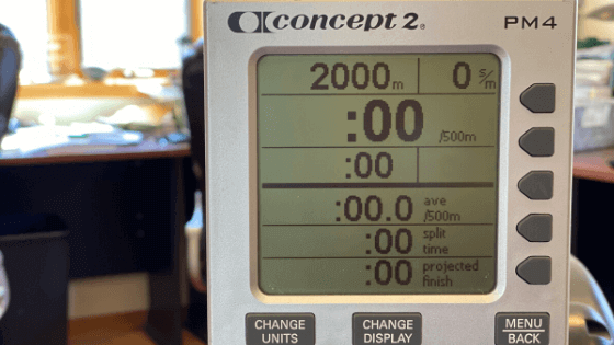A rowing machine monitor set for a 2000 meter race