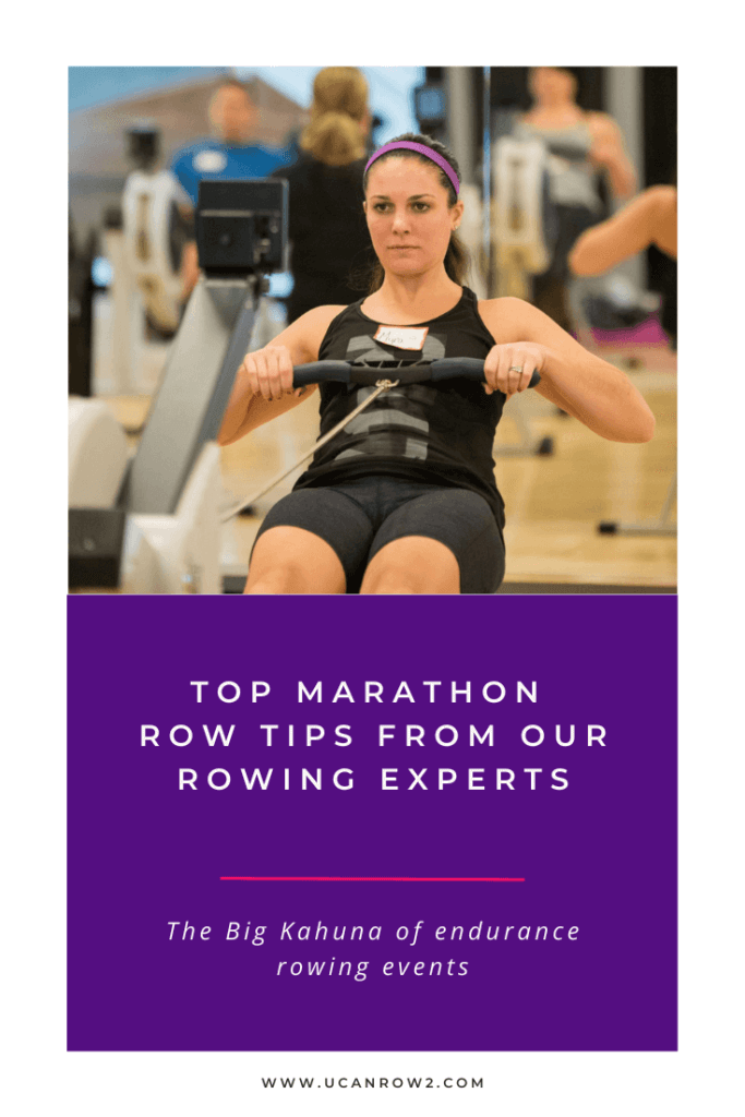 Woman on a rowing machine, text says "Top marathon row tips for our rowing experts